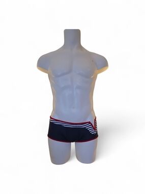 Men's Navy Swim Trunks with Red Trim and White Stripe Detail UNIQUE V CUT OUT